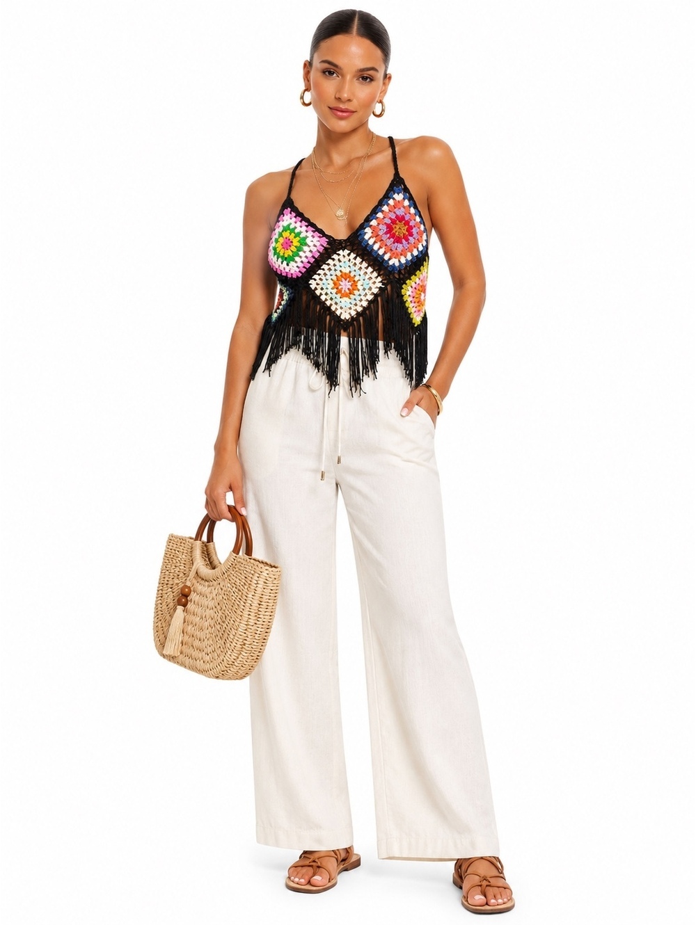 Just Classic Boho Fringe Crochet Top-Size Medium